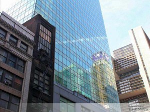 Exterior shot of the office property at 1540 Broadway in Manhattan, N.Y. Apollo Global Management issued a $358 million loan backed by the asset in January 2026.