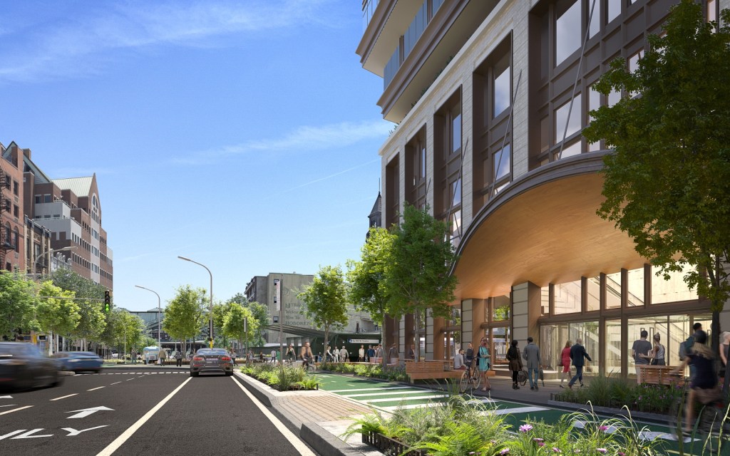 a rendering of a street at Hoboken Connect, showcasing pedestrian, bicycle and car lanes