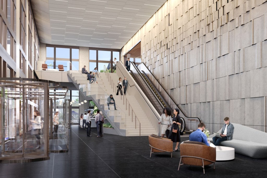 interior rendering of the office building's lobby area