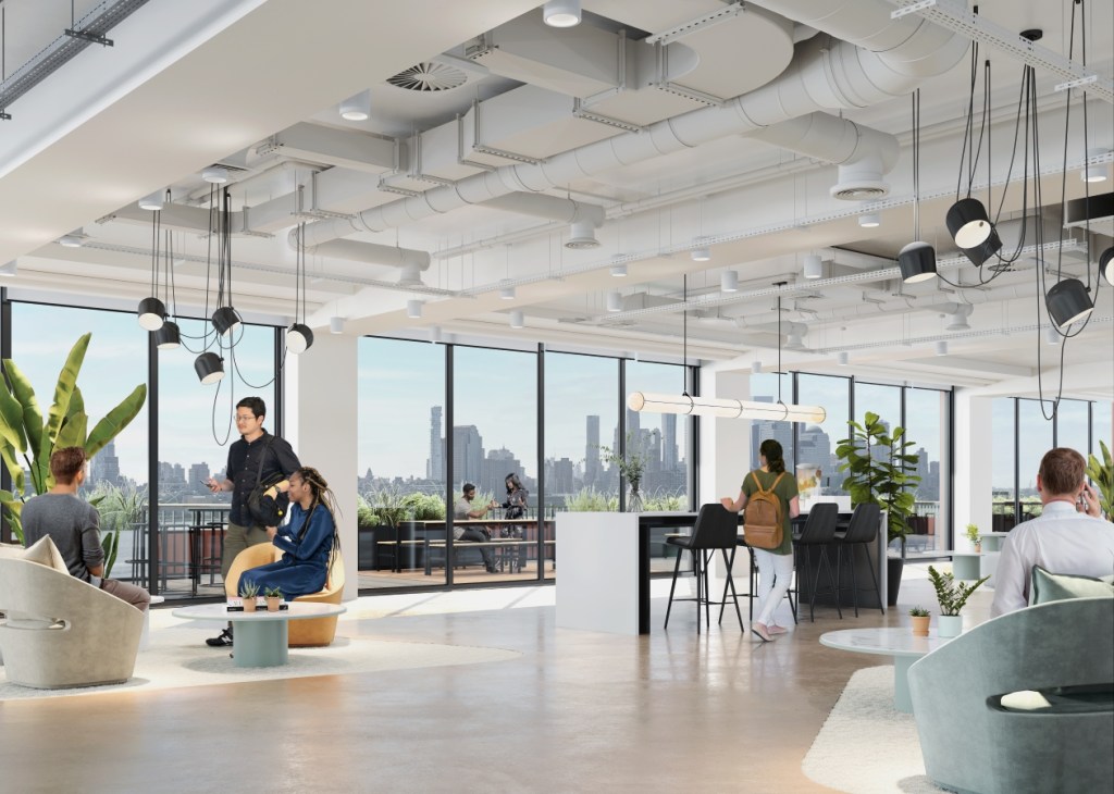 interior rendering of a workspace within Hoboken Connect's office tower