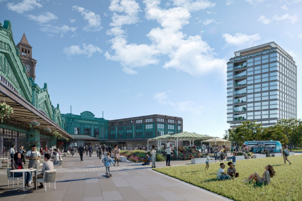 A rendering of the reactivated Warrington Plaza at Hoboken Connect