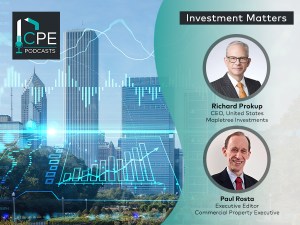On left, CPE Podcasts logo with graphic showing graphs superimposed on a city skyline; on left side, photos of Mapletree Investments' Rich Prokup and CPE's Paul Rosta