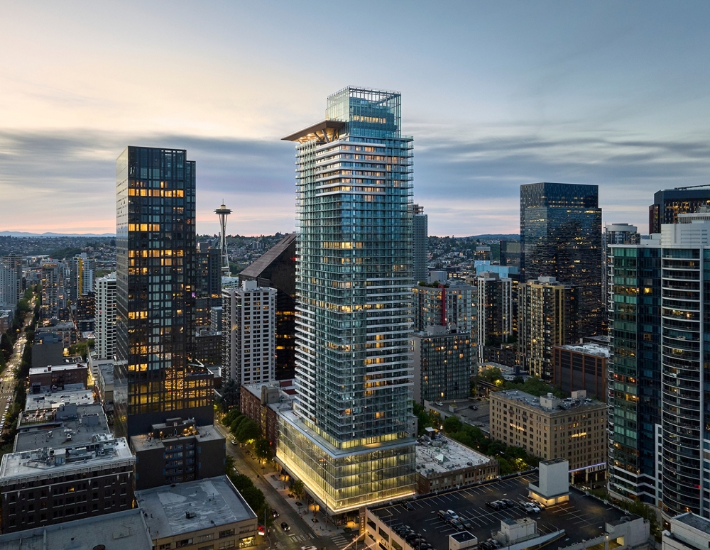 Seattle skyline at dusk showcasing high-rise design embodied through the First Light project