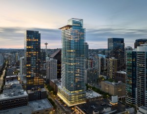 Seattle skyline at dusk showcasing high-rise design embodied through the First Light project