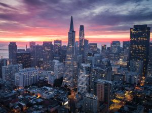 A photo with San Francisco's skyline at sunrise.