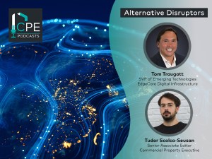 A title card for the podcast series 'Alternative Disruptors', featuring the CPE logo and the headshots of the guest and host: Tom Traugott, SVP of Emerging Technologies at EdgeCore Digital Infrastructure and Tudor Scolca-Seusan, Senior Associate Editor at CPE.