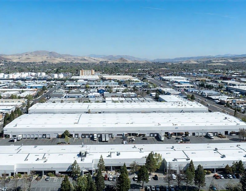 Aerial view of Greg Center, a four-building industrial campus that includes mid- and shallow-bay properties in Sparks, Nev., in metro Reno