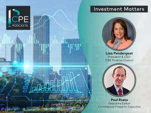 Cover image for Investment Matters podcast. Graphic of city skyline on left, with photos of guest Lisa Pendergast and host Paul Rosta on right