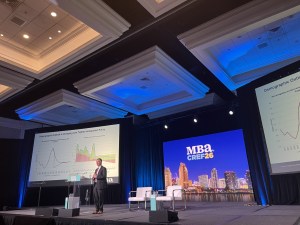 A photo of Mike Fratantoni, the MBA's chief Economist & senior vice president of research and business development delivering the organization's economic and CRE finance outlook.