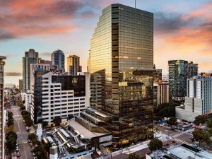 Aerial view of One and Two Columbia Place at sunset