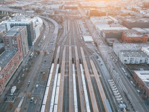 Aerial shot depicting a railyard.
