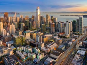 Aerial view of the San Francisco skyline at dusk.