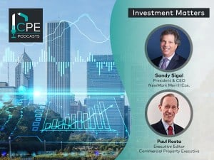 On left, graphic of a chart superimposed on an image of a city skyline; on right, photo of NewMark Merrill CEO Sandy Sigal above photo of CPE's Paul Rosta, both within circular borders