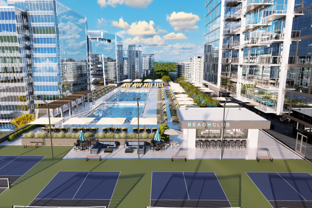 The beach club at Life Time Living at The Exchange