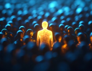 Image of a golden person surrounded by people in the shadows