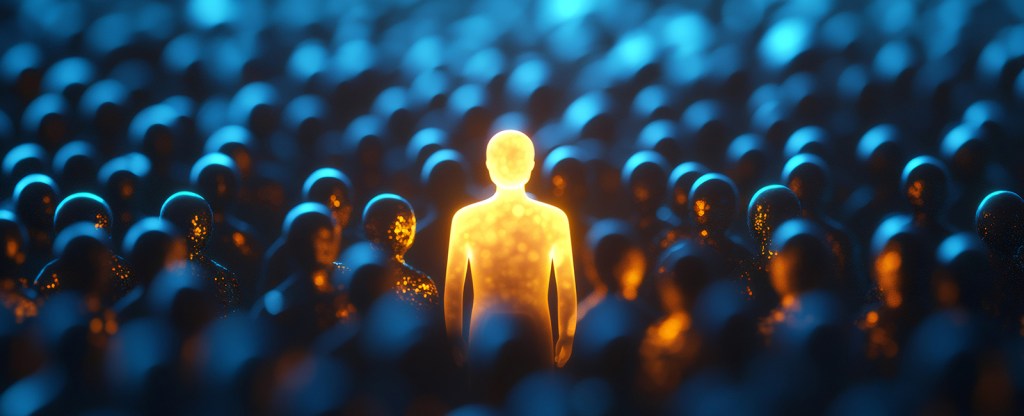 Image of a golden person surrounded by people in the shadows.