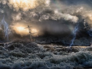 Silhouette of sailing old ship in stormy sea with lightning bolts and amazing waves and dramatic sky. Collage in the style of marine painter like Aivazovsky.