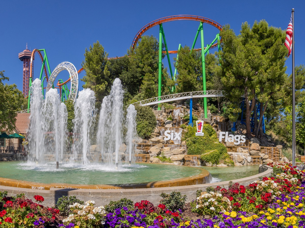 Exterior shot of a Six Flags amusement and waterpark in Los Angeles.