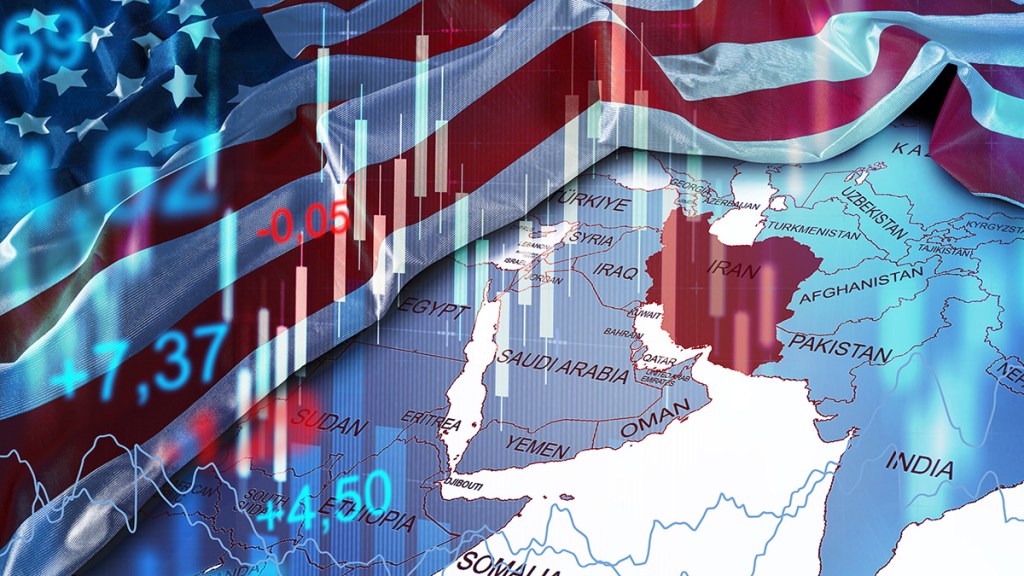 The map shows the Middle East with financial data and flags representing USA and Iran.
