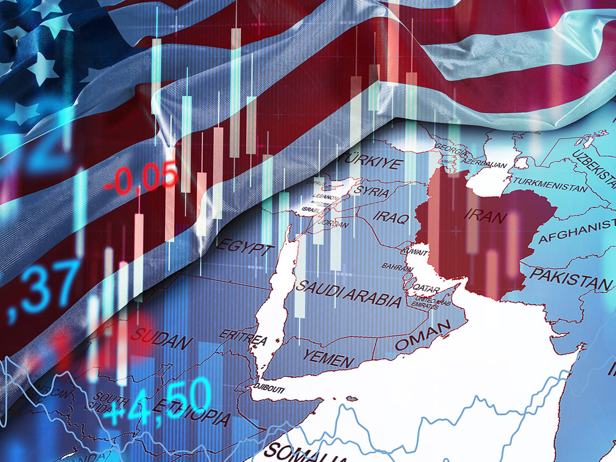 The map shows the Middle East with financial data and flags representing USA and Iran.