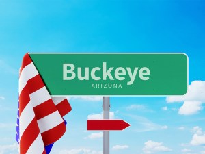 Signage pointing towards the city of Buckeye, Ariz.