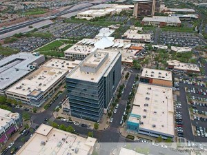 Exterior drone shot depicting Downtown Summerlin, Nev.