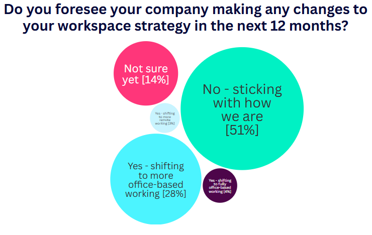 Bubble chart depicting the answers respondents gave when posed the question of workplace strategy over 12 months.