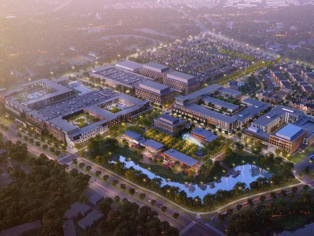 Aerial rendering of Lakeforest Redevelopment, a mixed-use project in Gaithersburg, Md.