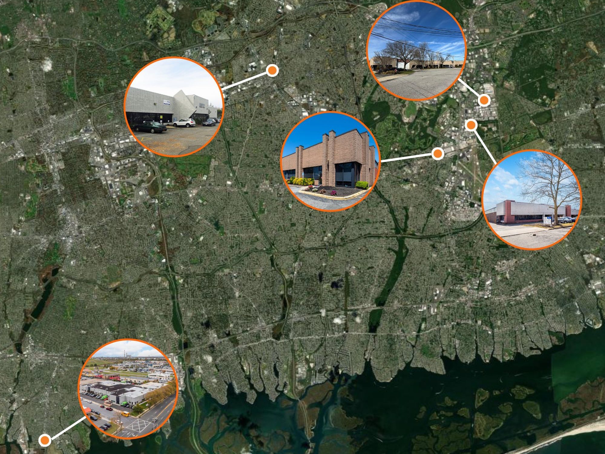 Google Earth-style picture showing the locations of the five assets in the portfolio.