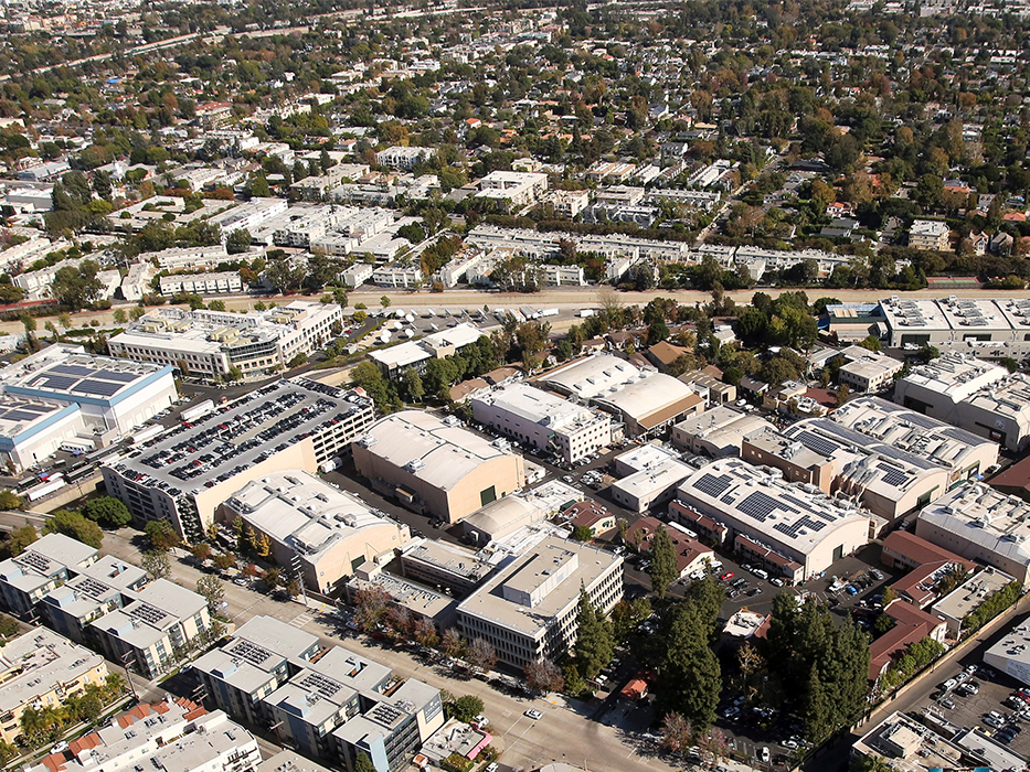 Exterior drone shot featuring the Radford Studio Center in Studio City, Calif., within the Hollywood market.