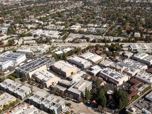 Exterior drone shot featuring the Radford Studio Center in Studio City, Calif., within the Hollywood market.
