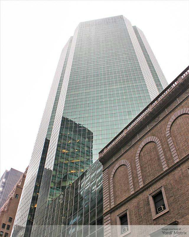 Worm's eye view of Park Avenue Plaza, an office tower in Manhattan's Plaza District.