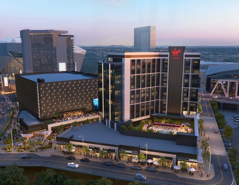 An artistic aerial rendering of Virgin Hotel Atlanta at Centennial Yards