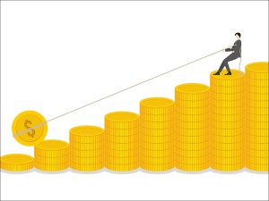 Businessman pulling a rope for a coin on money stack up bar chart of business growth, financial success, and investment strategy. Leadership and progress in the compete economy and financial market.