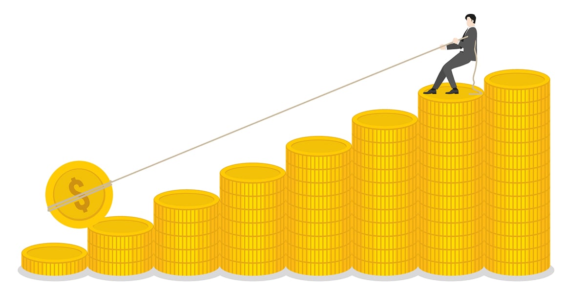 Businessman pulling a rope for a coin on money stack up bar chart of business growth, financial success, and investment strategy. Leadership and progress in the compete economy and financial market.
