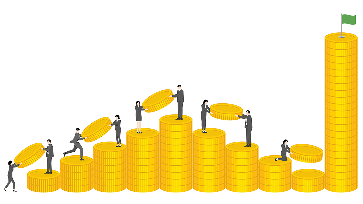 Ultimate Financial Success and Victory Flag. Business People Reaching the Top of Coin Mountain with Success Flag. Profit Goal Accomplishment.Ultimate Financial Success and Victory Flag. Business People Reaching the Top of Coin Mountain with Success Flag. Profit Goal Accomplishment.