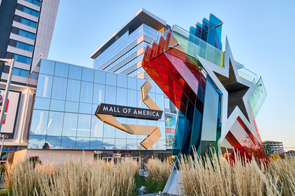 Exterior shot of Mall of America in Bloomington, Minn. The mall's signage is in the foreground.