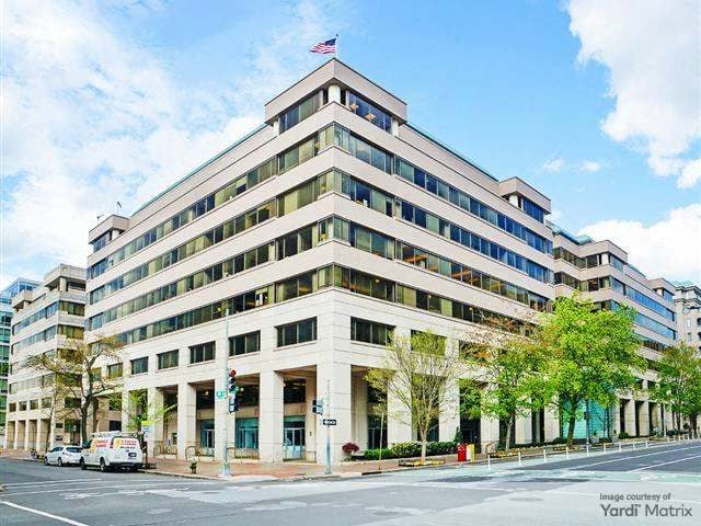Exterior shot of the office building at 2445 M St. NW. in Washington, D.C.
