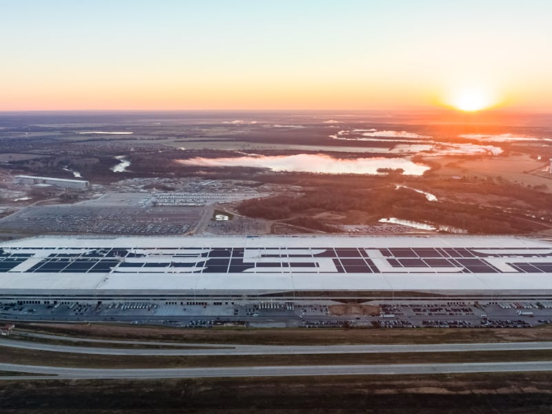 Drone shot depicting Tesla's Gigafactory in Austin, Texas.