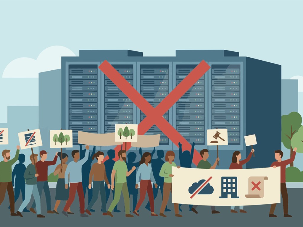 People protesting against data center or server farm with signs and banners