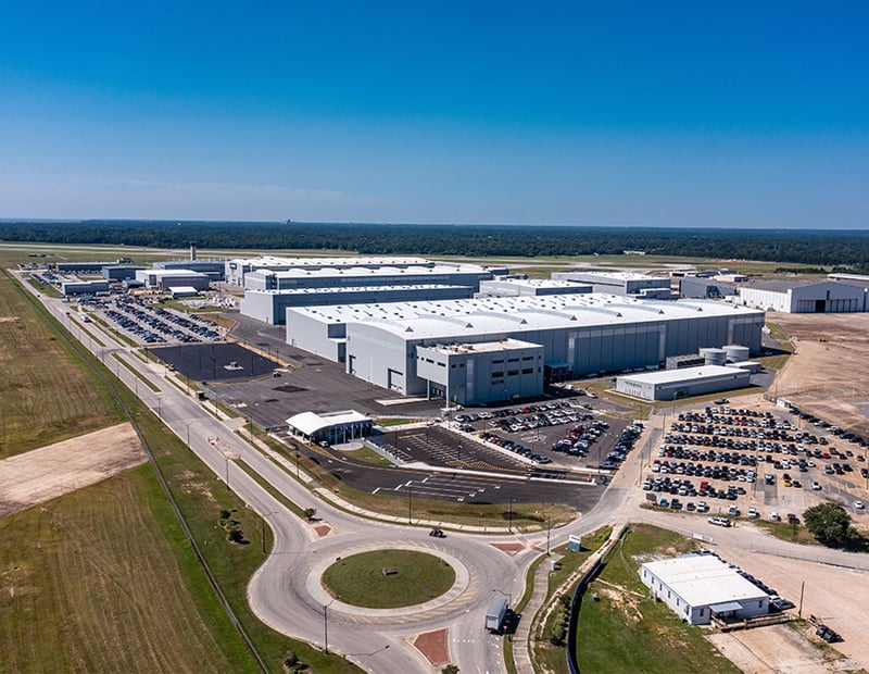 An aerial photo of the Airbus manufacturing facility in Mobile, Alabama.
