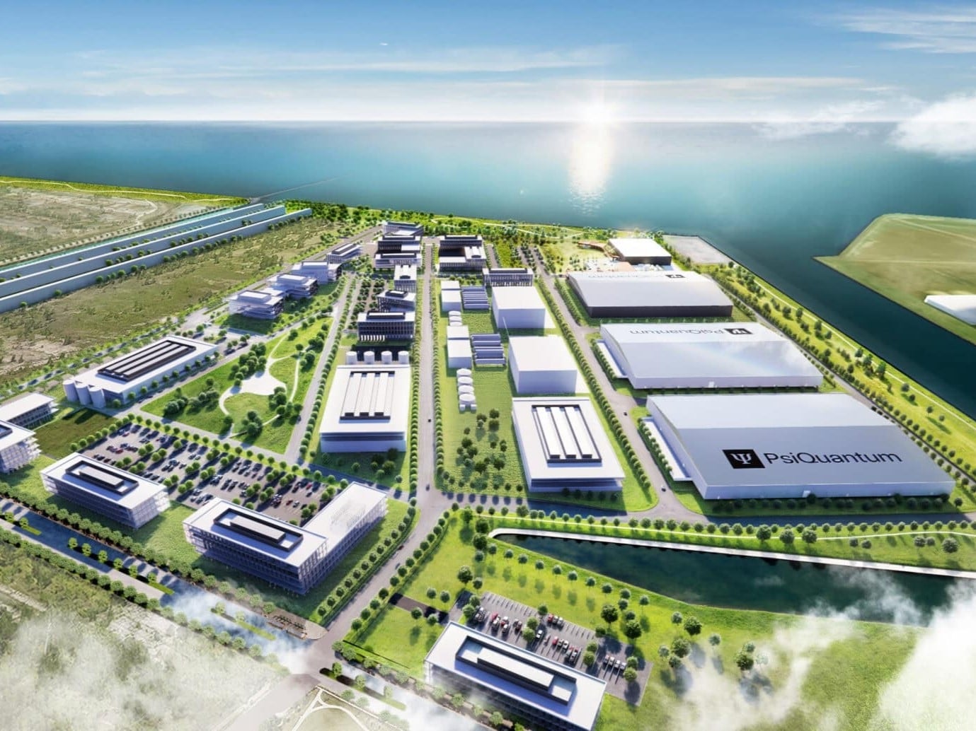 Exterior rendering of Illinois Quantum & Microelectronics Park, a campus in Chicago.