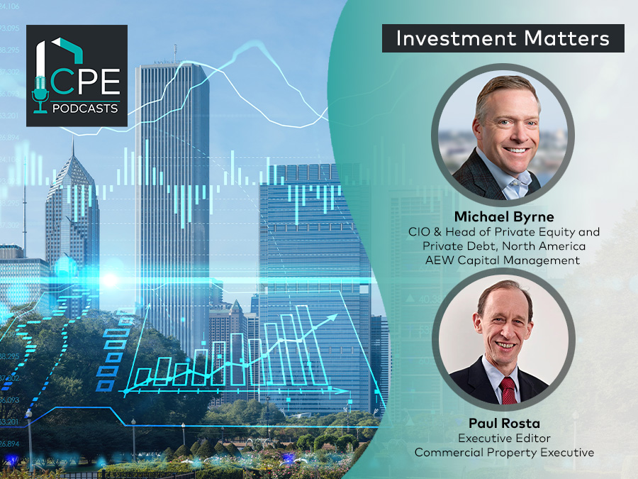 On left, graphic of a chart superimposed on an image of a city skyline; on right, photo of AEW's Mike Byrne above photo of CPE's Paul Rosta, both within circular borders