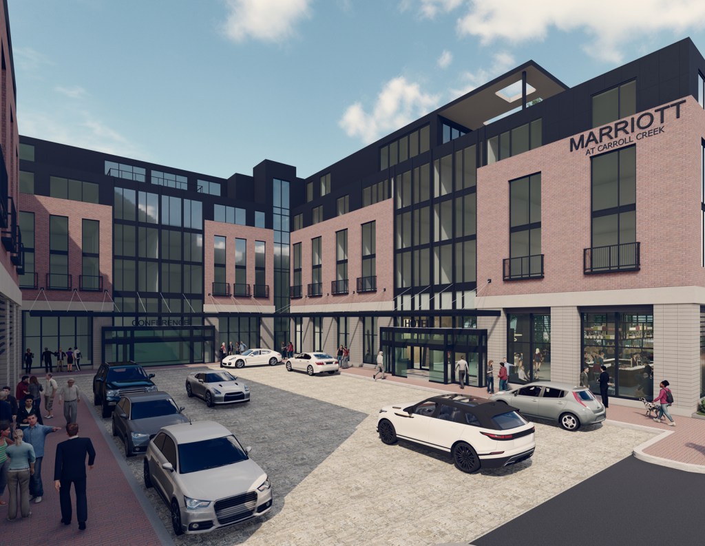 A rendering of Marriott Downtown Frederick at Carroll Creek