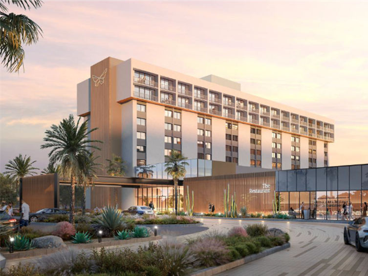 Rendering featuring the exterior of the renovated Ontario Airport Hotel and Conference Center in Ontario, Calif.