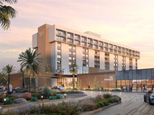 Rendering featuring the exterior of the renovated Ontario Airport Hotel and Conference Center in Ontario, Calif.