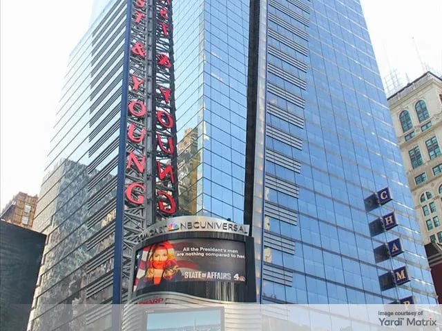 Exterior shot depicting 5 Times Square, an office tower in Manhattan, currently being converted by RXR, Apollo and SL Green to multifamily
