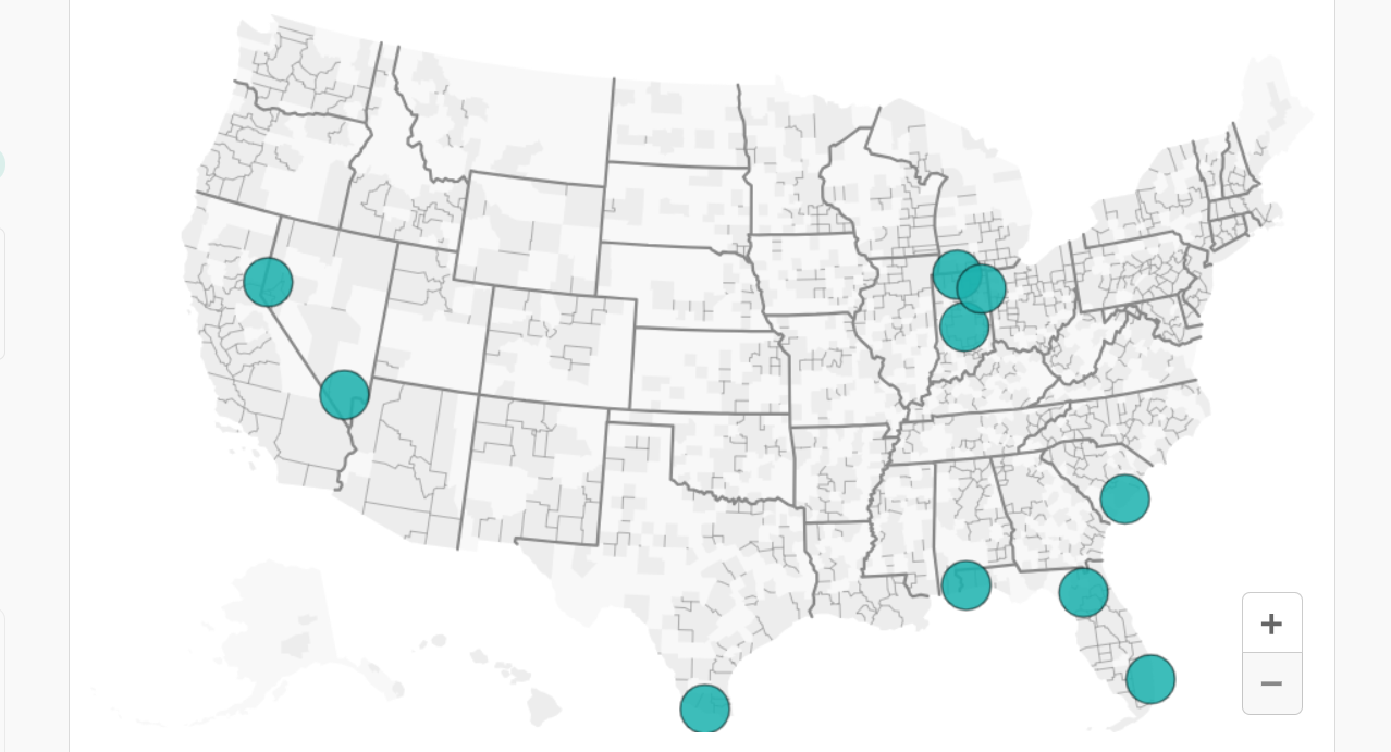 map of the US with the top 10 secondary coworking markets in the country by percentage of office stock