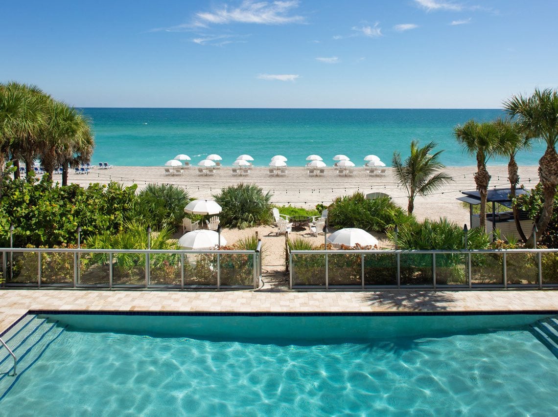 Exterior shot of Solé Miami, an oceanfront hotel in Sunny Isles Beach, Fla.