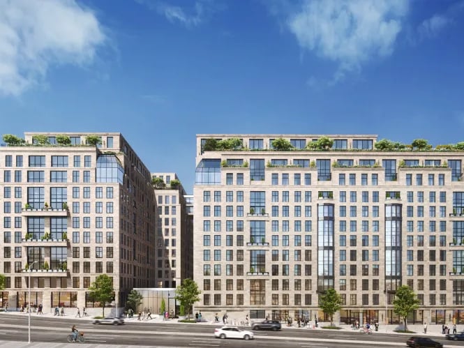 Rendering depicting the exterior of The Geneva, the biggest office-to-residential conversion in Washington, D.C.